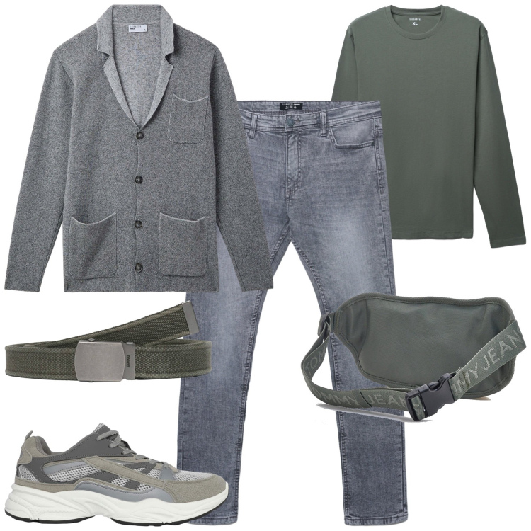 Outfit uomo - City. Stile Casual per Tutti i giorni. Abbinamento con giacche, cinture, sneakers, jeans skinny, t-shirt, borse sportive.
