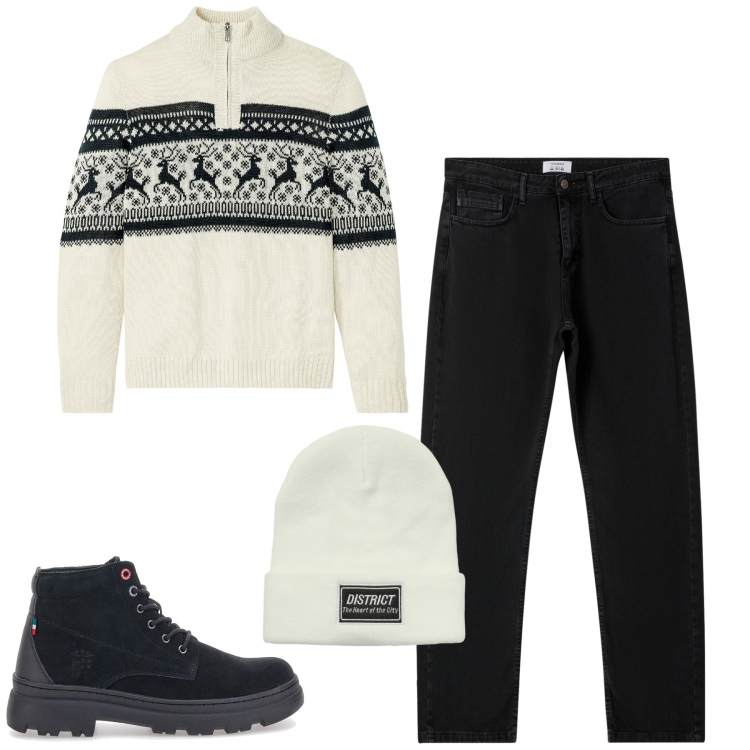 Outfit uomo - Novembre. Stile Casual per Tutti i giorni. Abbinamento con maglieria, berretti, jeans dritti, stivali e stivaletti.