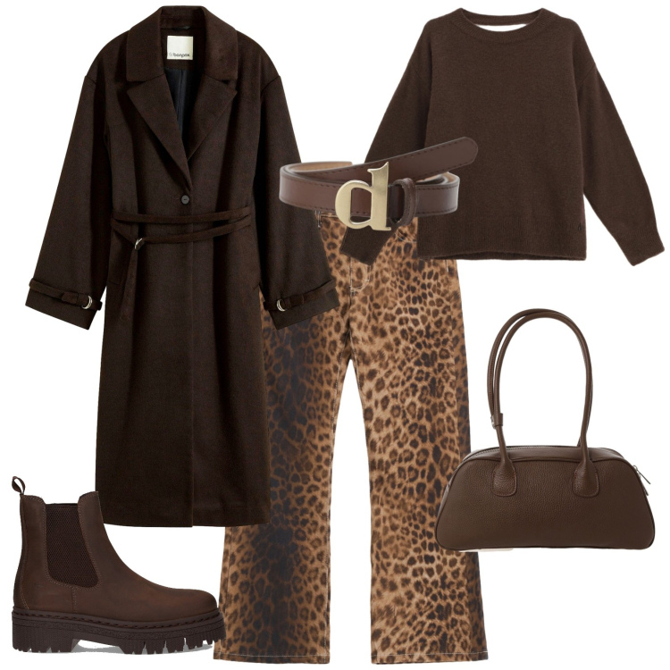 Outfit donna - Animalier per ogni giorno. Stile Trendy per Tutti i giorni. Abbinamento con cappotti, pantaloni, cinture, borse a mano, maglieria, stivaletti chelsea.