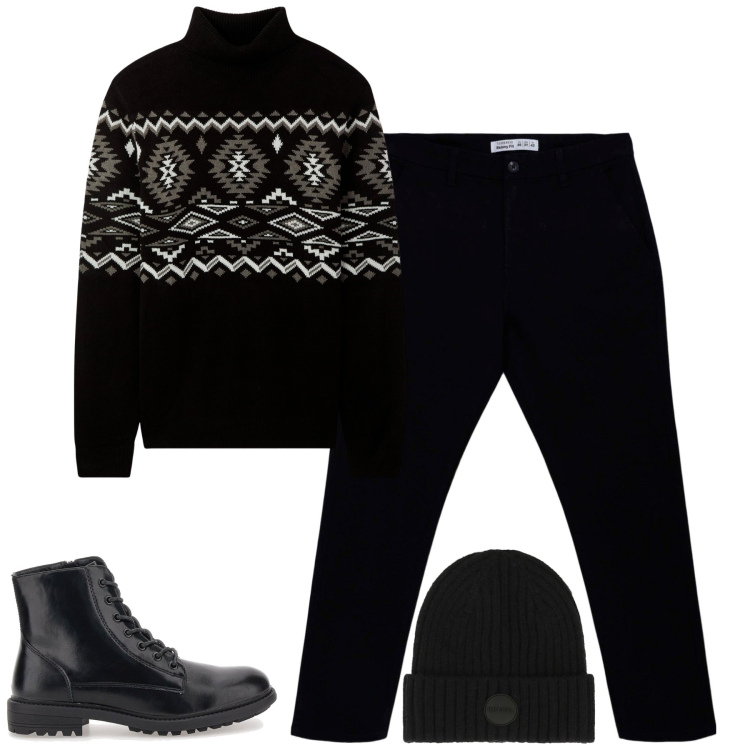 Outfit uomo - Inverno. Stile Casual per Tutti i giorni. Abbinamento con maglieria, pantaloni chino, cappelli, anfibi.