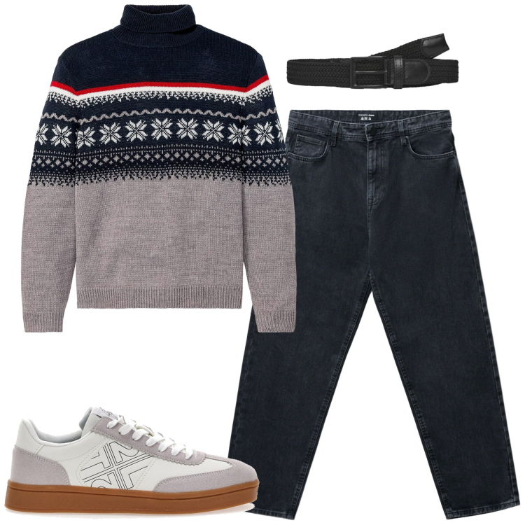 Outfit uomo - City. Stile Casual per Tutti i giorni. Abbinamento con maglieria, cinture, jeans, sneakers.