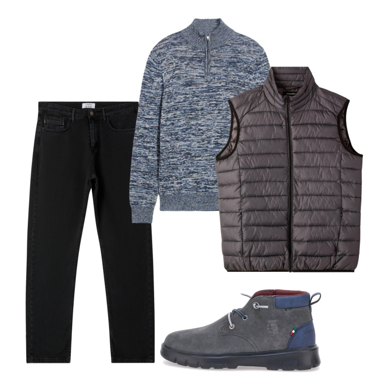 Outfit uomo - Novembre. Stile Casual per Tutti i giorni. Abbinamento con maglieria, piumini, jeans dritti, scarpe stringate.