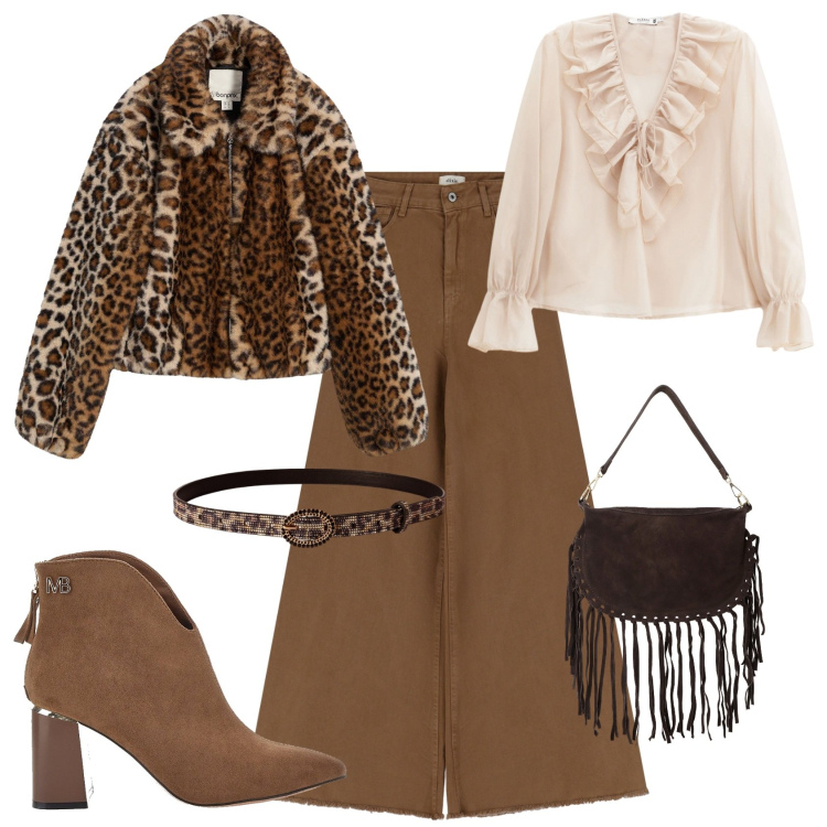 Outfit donna - Total look #2282452. Stile Casual chic per Serata fuori. Abbinamento con ecopellicce, camicie, cinture, borse a tracolla, pantaloni, stivaletti.