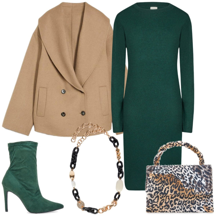 Outfit donna - Total look #2282453. Stile Chic per Tutti i giorni. Abbinamento con blazer, vestiti midi/longuette, stivaletti, collane, pochette.