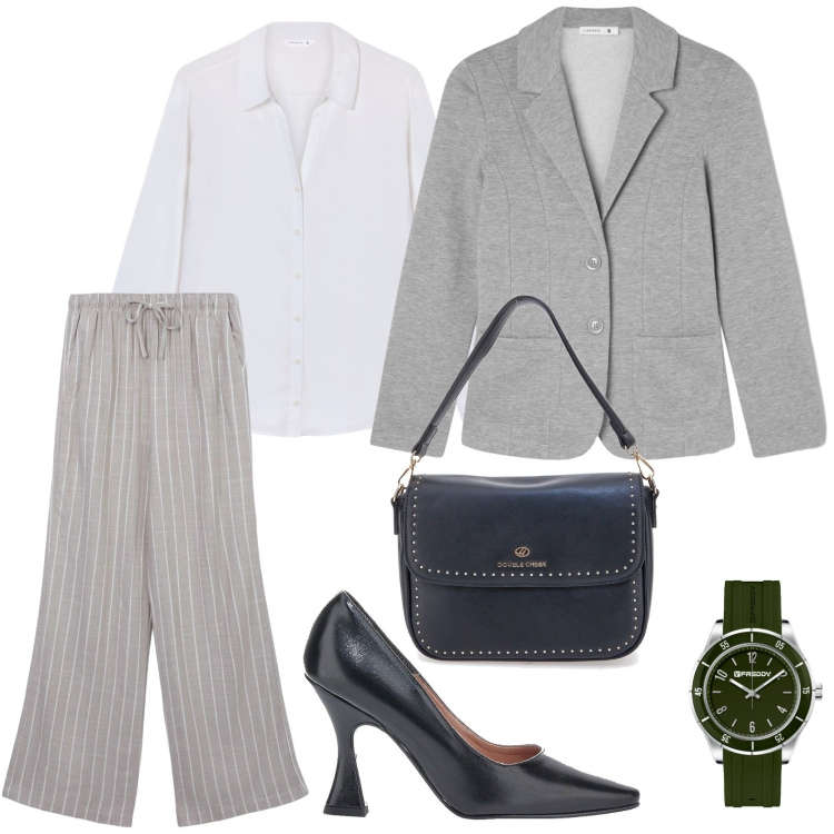 Outfit donna - Lines of Style. Stile Bon Ton per Serata fuori. Abbinamento con blazer, pantaloni, camicie, orologi, décolleté, borse a tracolla.