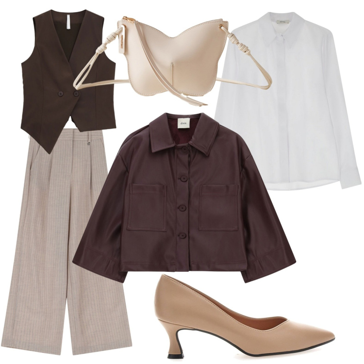 Outfit donna - Lines of Style. Stile Casual per Ufficio. Abbinamento con gilet, borse a tracolla, blazer, pantaloni a palazzo, camicie, décolleté.