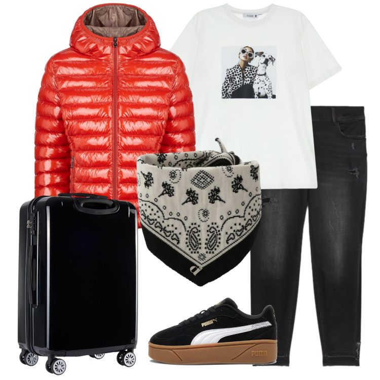 Outfit donna - Total look #2282459. Stile Casual per Tutti i giorni. Abbinamento con t-shirt, valigie, foulard, blazer, sneakers, jeans strappati.