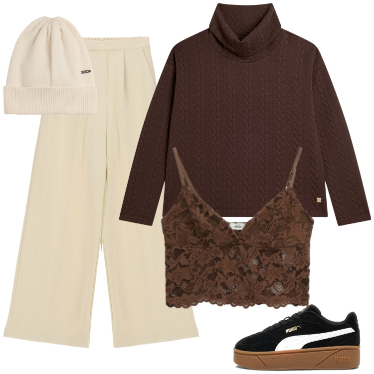 Outfit donna - Sporty & glam. Stile Sporty chic per Tutti i giorni. Abbinamento con maglieria, berretti, pantaloni a palazzo, top, sneakers.