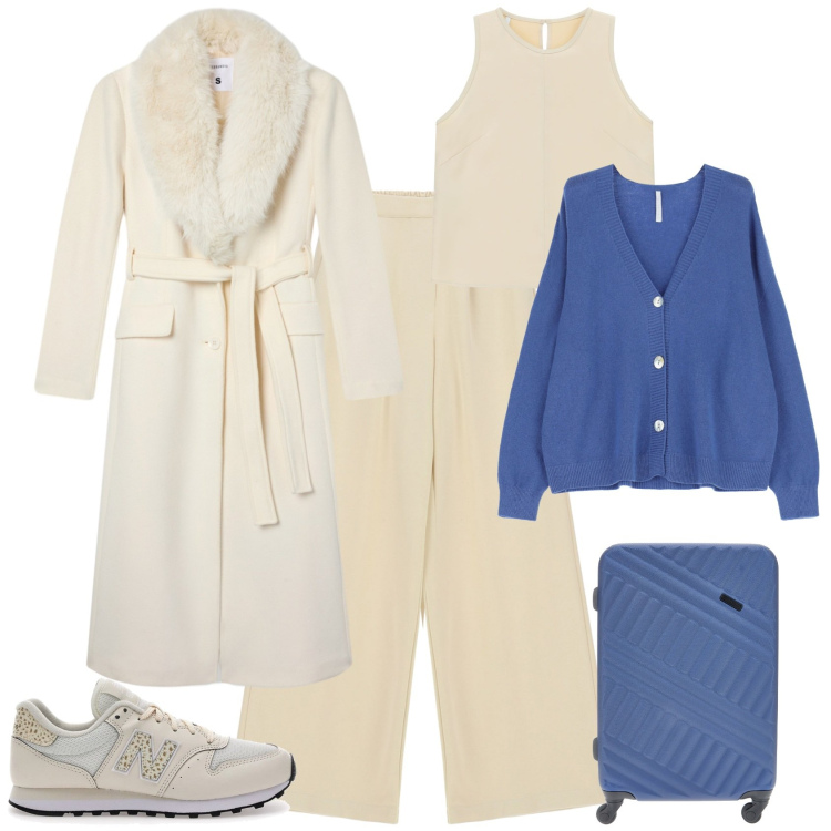 Outfit donna - Trendy week end fuori porta. Stile Trendy per Tutti i giorni. Abbinamento con cappotti, cardigans, top, pantaloni a palazzo, sneakers, valigie.