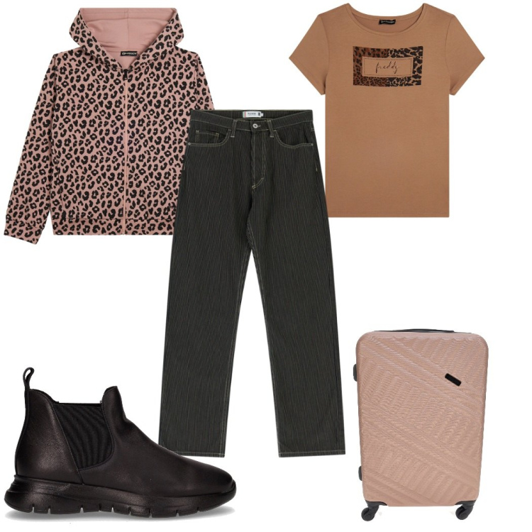 Outfit donna - Animalier : la felpa. Stile Trendy per Tutti i giorni. Abbinamento con pantaloni, t-shirt, felpe con cappuccio, valigie, stivaletti chelsea.