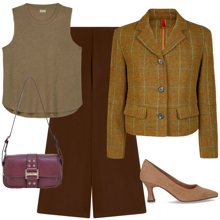 Outfit donna - Look scozzese. Stile Mannish per Sport. Abbinamento con pantaloni, top, borse a tracolla, décolleté, blazer.