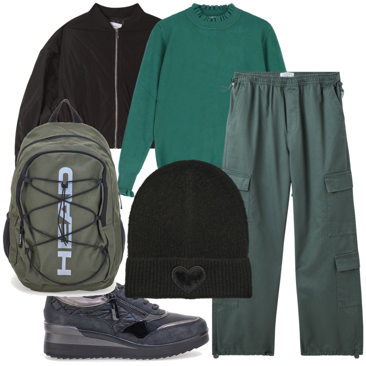 Outfit donna - Sportivamente. Stile Casual per Tutti i giorni. Abbinamento con pantaloni cargo, berretti, bomber, maglieria, scarpe stringate, zaini.
