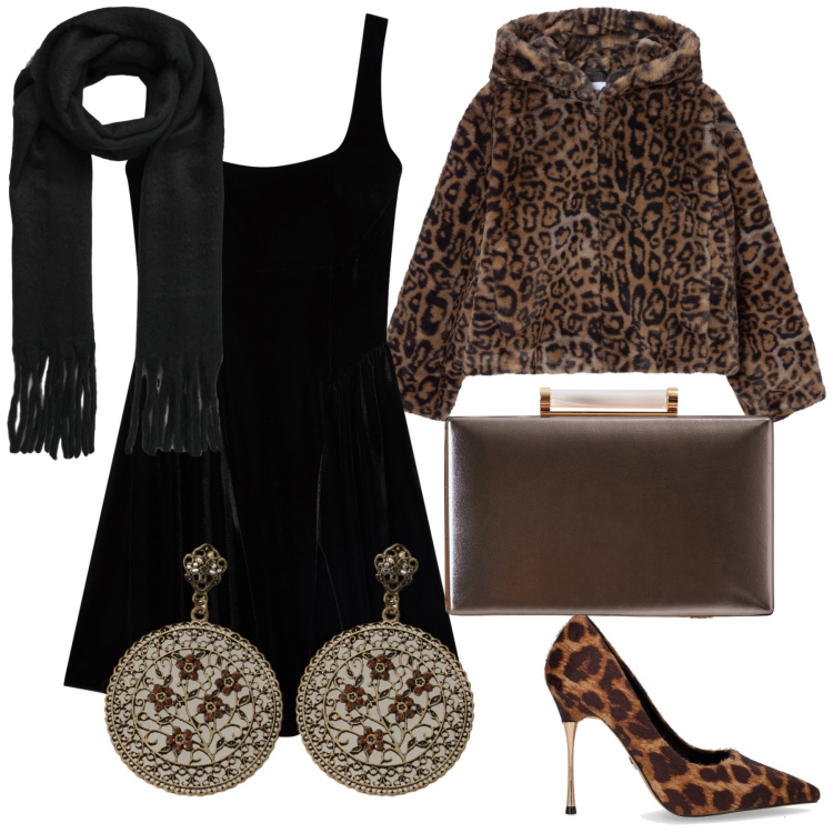 Outfit donna - Una serata. Stile Glamour per Serata fuori. Abbinamento con sciarpe, ecopellicce, vestiti corti, clutch, orecchini, décolleté.