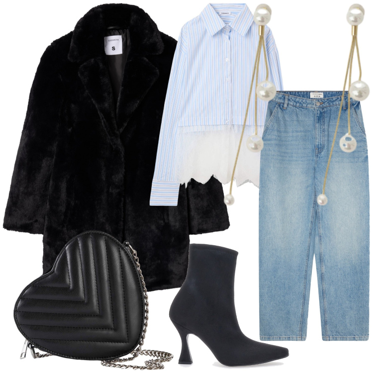 Outfit donna - A cena e poi cinema. Stile Urban per Serata fuori. Abbinamento con borse a tracolla, camicie, cappotti, jeans, orecchini, stivaletti.