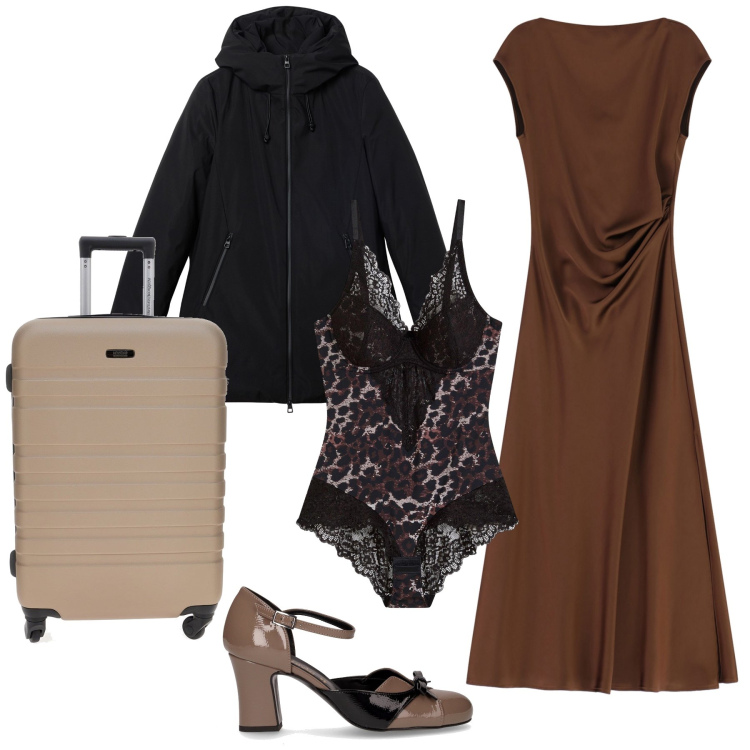 Outfit donna - Viaggio glam. Stile Trendy per Tutti i giorni. Abbinamento con body, parka, vestiti lunghi, valigie, décolleté.