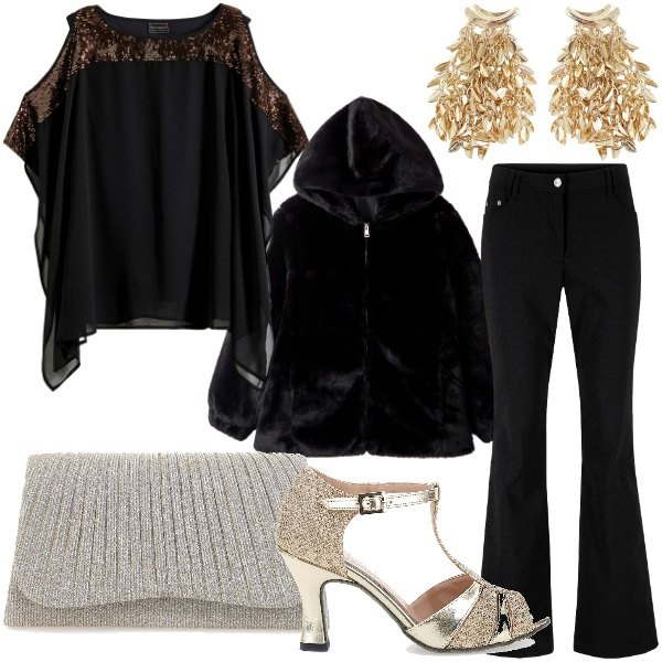 Outfit donna - Black Friday Chic. Stile Chic per Serata fuori. Abbinamento con pantaloni, tuniche, ecopellicce, orecchini, scarpe col tacco, clutch.