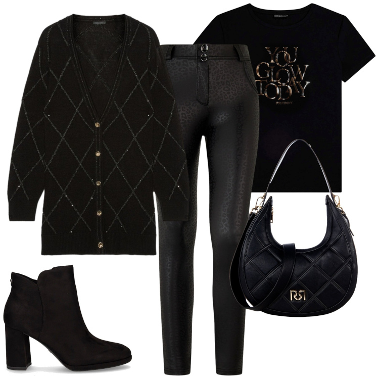 Outfit donna - Black. Stile Sporty chic per Tutti i giorni. Abbinamento con borse a tracolla, t-shirt, pantaloni skinny, cardigans, stivaletti.