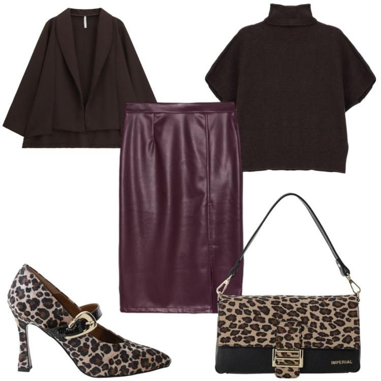 Outfit donna - Animalier: scarpe e borsa. Stile Trendy per Tutti i giorni. Abbinamento con décolleté, maglieria, blazer, borse a spalla, gonne longuette.