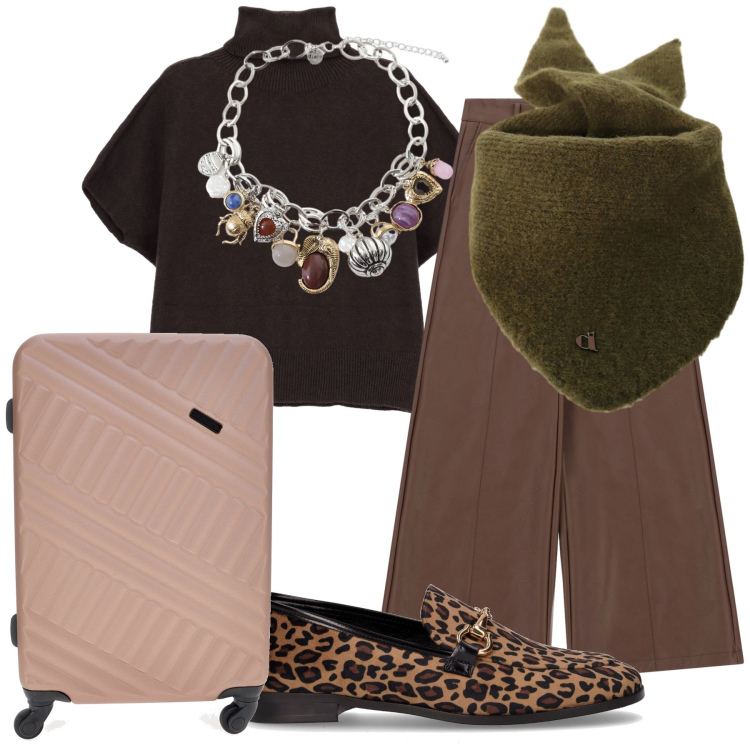 Outfit donna - Un viaggio glam. Stile Trendy per Tutti i giorni. Abbinamento con pantaloni a palazzo, maglieria, foulard, braccialetti con ciondoli, mocassini, valigie.
