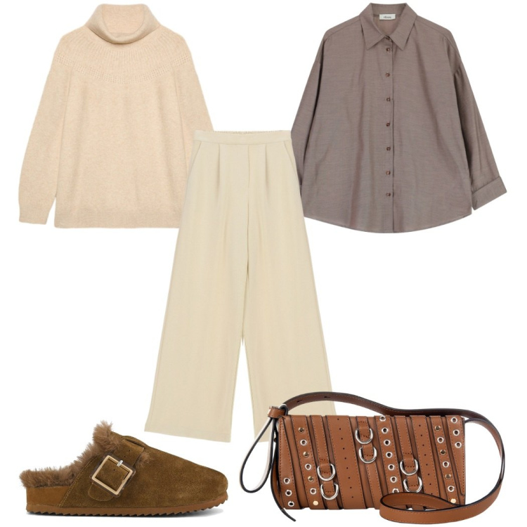 Outfit donna - I pantaloni a gamba larga: tutti i giorn. Stile Trendy per Tutti i giorni. Abbinamento con borse a spalla, pantaloni a palazzo, camicie, sabot, maglieria.