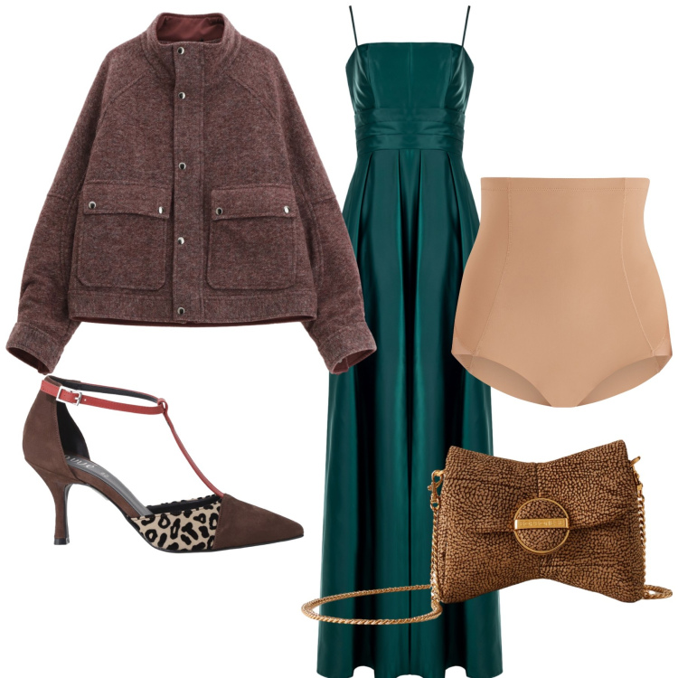 Outfit donna - Abito da gran sera sdrammatizzato. Stile Glamour per Serata fuori. Abbinamento con vestiti lunghi, culotte, caban, décolleté, pochette.