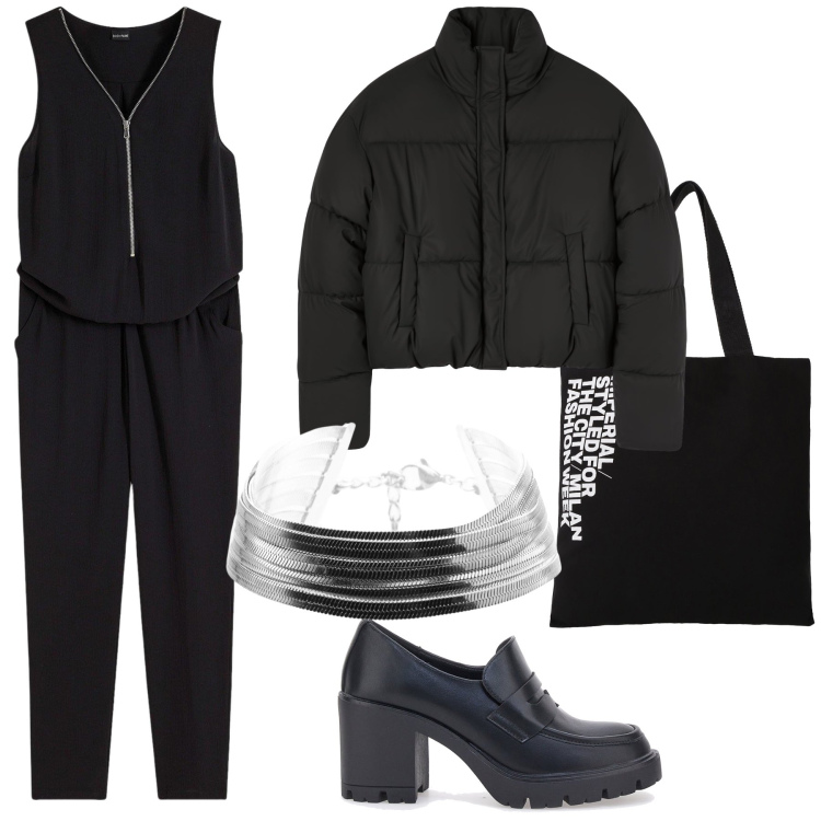 Outfit donna - Comoda tuta. Stile Basic per Ufficio. Abbinamento con tute, bomber, shopping bag, braccialetti, mocassini.