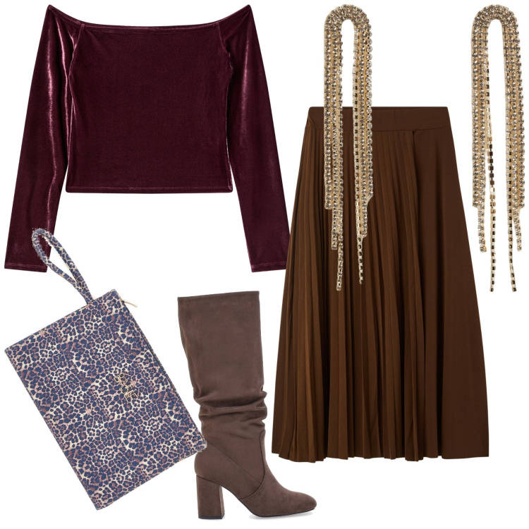 Outfit donna - Aperitivo. Stile Chic per Serata fuori. Abbinamento con bluse, orecchini, gonne lunghe, stivali sopra il ginocchio, pochette.