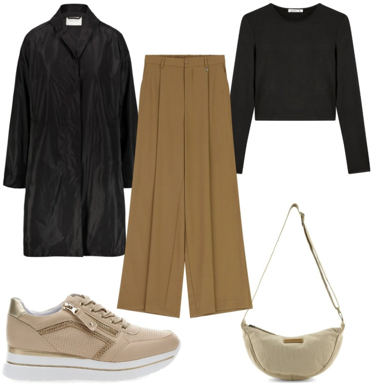 Outfit donna - I pantaloni a gamba larga :low cost. Stile Trendy per Tutti i giorni. Abbinamento con t-shirt, pantaloni a palazzo, trench, sneakers, borse a tracolla.