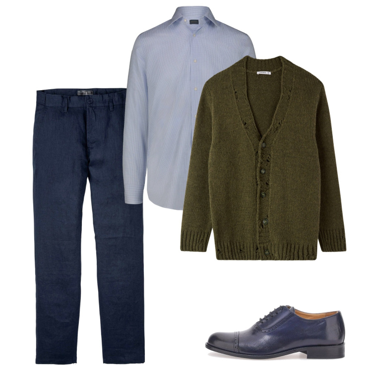 Outfit uomo - Sera di novembre. Stile Casual per Serata speciale. Abbinamento con pantaloni, cardigans, scarpe stringate, camicie.