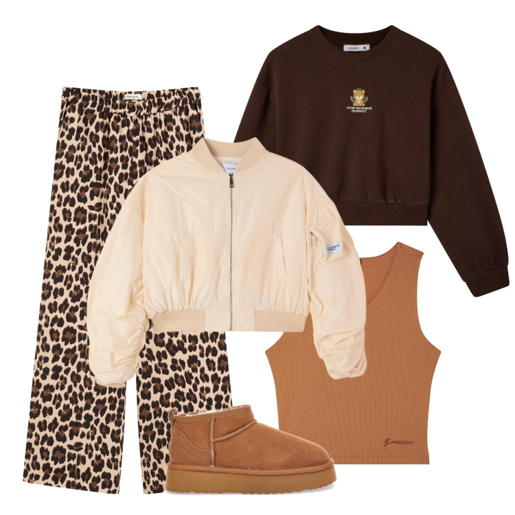 Outfit donna - I toni caldi del marrone. Stile Trendy per Tutti i giorni. Abbinamento con pantaloni a palazzo, felpe, bomber, top, stivaletti.