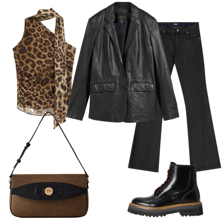 Outfit donna - Total look #2282499. Stile Glamour per Tutti i giorni. Abbinamento con blazer, borse a spalla, top, jeans, anfibi.