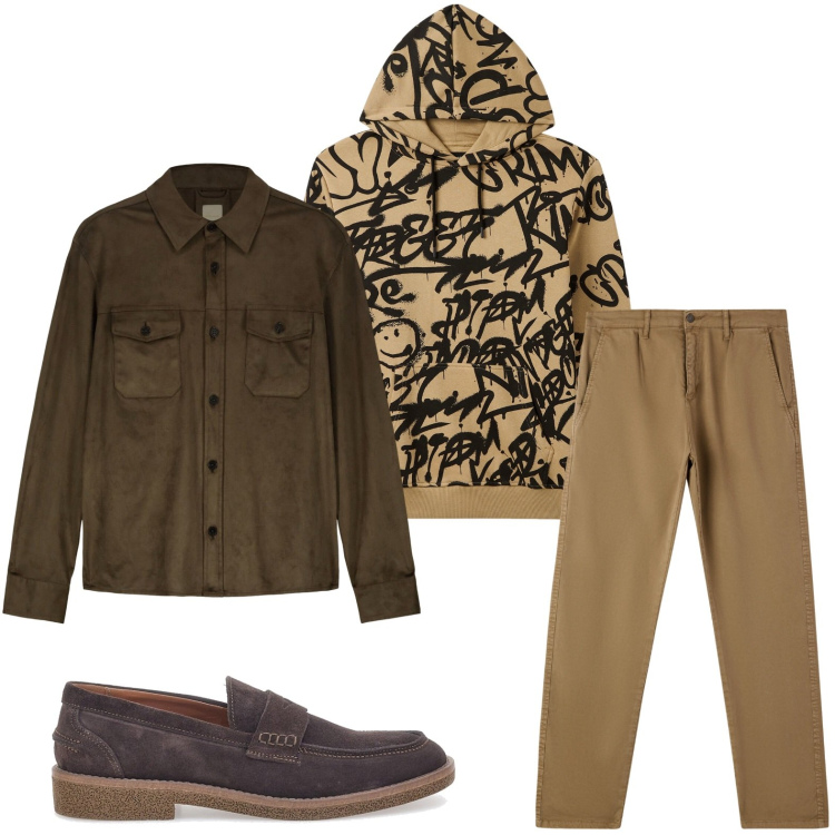 Outfit uomo - Felpa e mocassini. Stile Trendy per Tutti i giorni. Abbinamento con pantaloni chino, felpe con cappuccio, giacche, scarpe stringate.