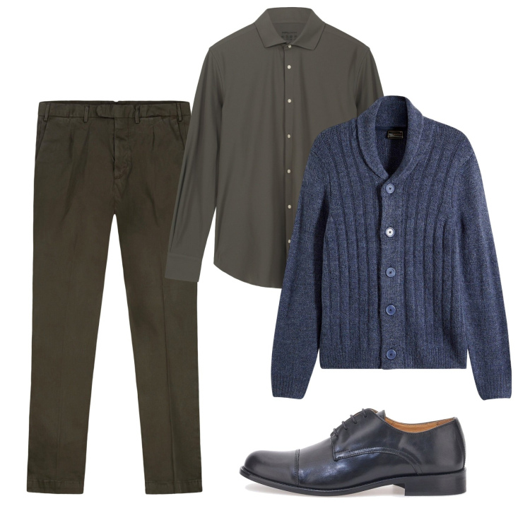 Outfit uomo - Muschio e blu accostamento chic. Stile Casual per Serata speciale. Abbinamento con cardigans, scarpe stringate, pantaloni, camicie.