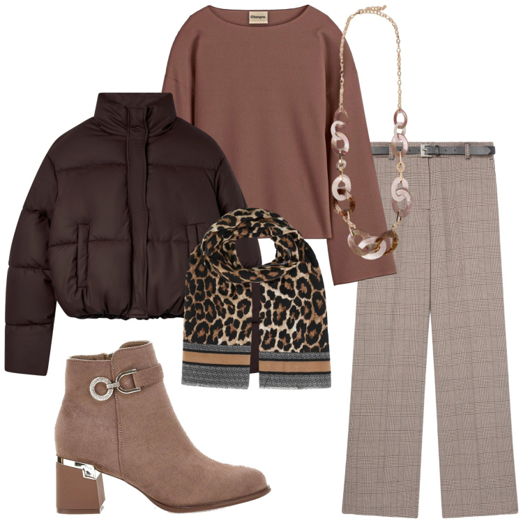 Outfit donna - Total look #2282504. Stile Minimal per Ufficio. Abbinamento con maglieria, foulard, bomber, pantaloni, stivaletti, collane.