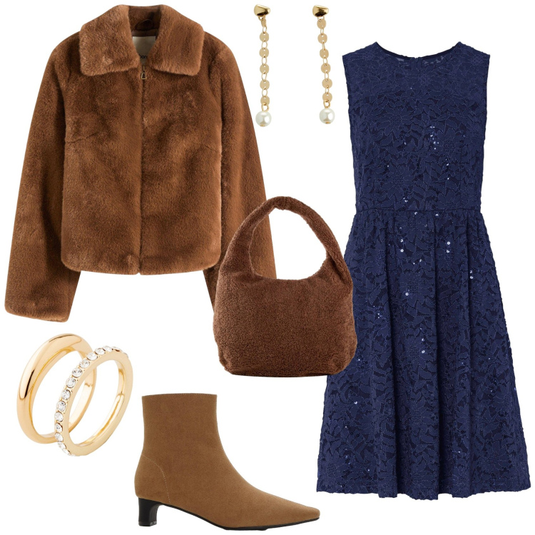 Outfit donna - Glamour marrone blu. Stile Glamour per Serata fuori. Abbinamento con vestiti, ecopellicce, stivaletti, shopping bag, anelli, orecchini.