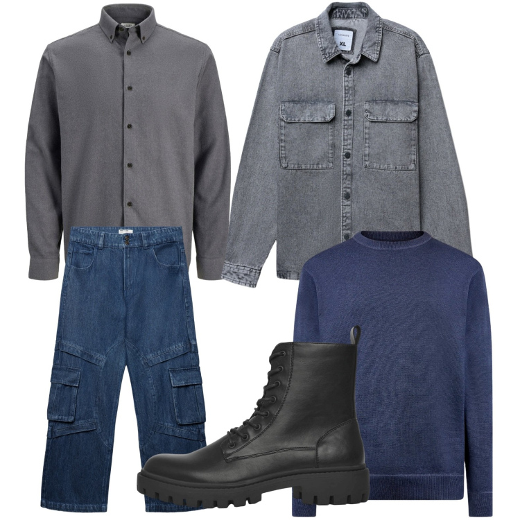 Outfit uomo - Look funzionale. Stile Urban per Tutti i giorni. Abbinamento con camicie, anfibi, cappotti, jeans, maglieria.
