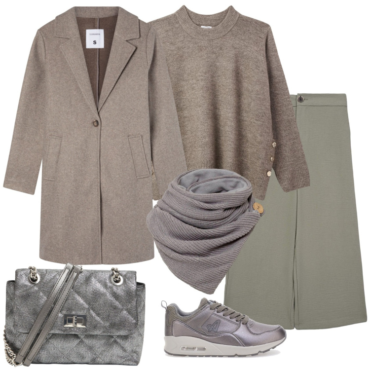 Outfit donna - Total look #2282509. Stile Casual chic per Tutti i giorni. Abbinamento con foulard, pantaloni a palazzo, maglieria, cappotti, borse a tracolla, sneakers.