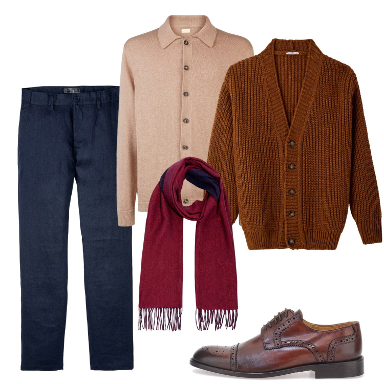 Outfit uomo - La brogue english. Stile Casual per Serata speciale. Abbinamento con pantaloni, cardigans, scarpe stringate, sciarpe, polo.