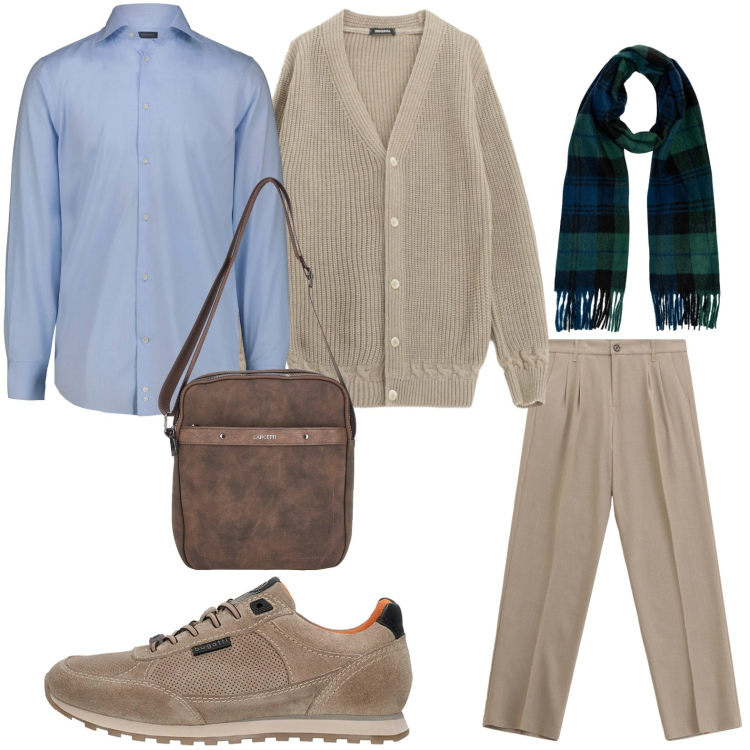 Outfit uomo - La camicia iconica. Stile Trendy per Ufficio. Abbinamento con pantaloni, cardigans, portafogli, sneakers, sciarpe, camicie.