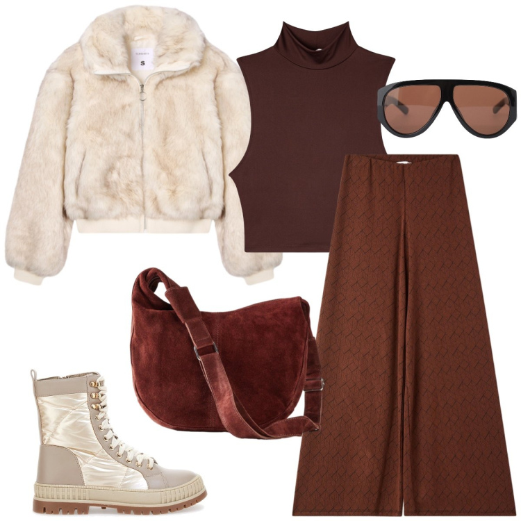 Outfit donna - Total look #2282512. Stile Casual chic per Tutti i giorni. Abbinamento con borse a mano, top, pantaloni, ecopellicce, occhiali da sole, stivaletti.