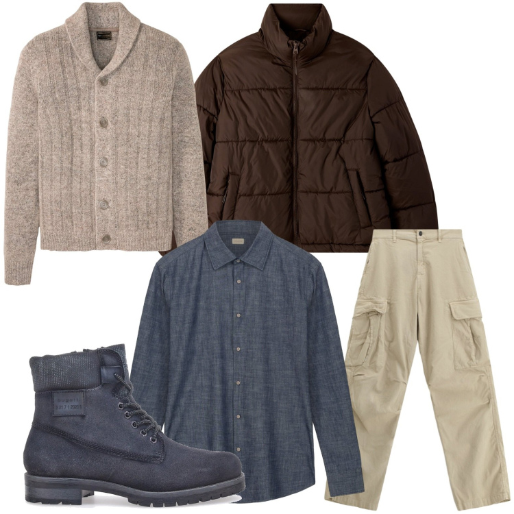 Outfit uomo - Dettagli distintivi. Stile Casual per Tutti i giorni. Abbinamento con cardigans, bomber, pantaloni cargo, stivali e stivaletti, camicie.