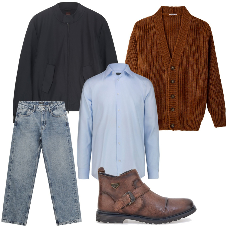 Outfit uomo - Un cocktail di stile. Stile Casual per Tutti i giorni. Abbinamento con cardigans, jeans dritti, stivali e stivaletti, bomber, camicie.
