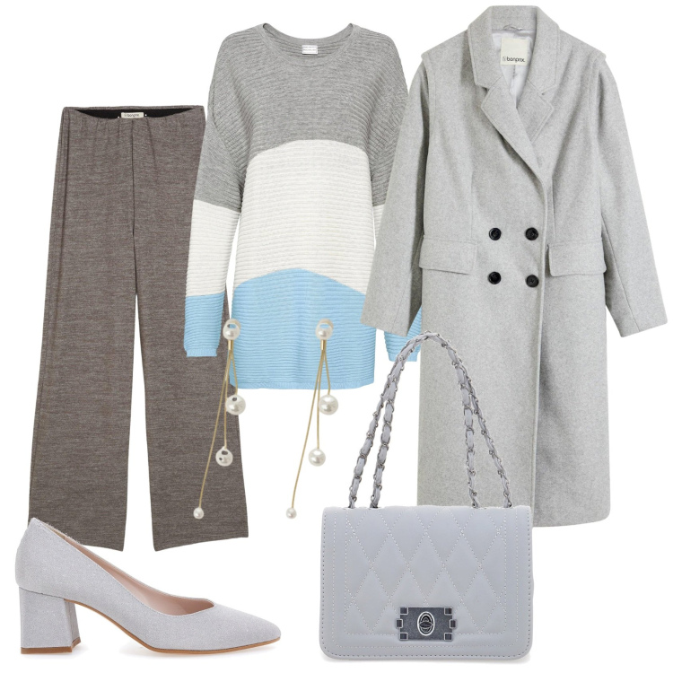 Outfit donna - Total look #2282517. Stile Casual chic per Ufficio. Abbinamento con maglieria, pantaloni a palazzo, cappotti, orecchini, décolleté, borse a tracolla.