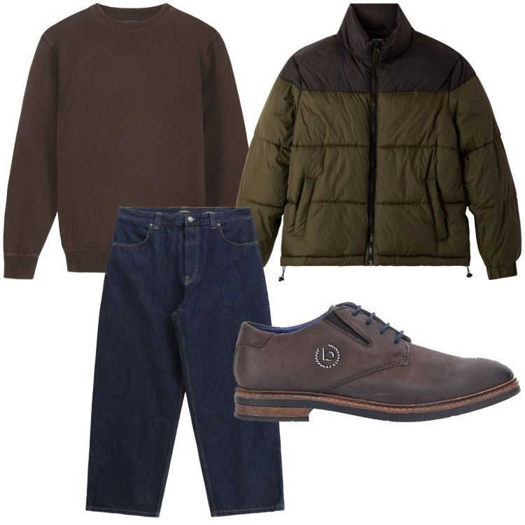 Outfit uomo - Brown. Stile Trendy per Tutti i giorni. Abbinamento con bomber, jeans, scarpe stringate, maglieria.