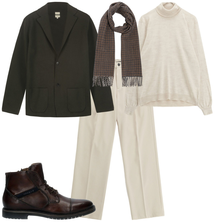 Outfit uomo - Total look #2282519. Stile Trendy per Tutti i giorni. Abbinamento con pantaloni, maglieria, giacche, anfibi, sciarpe.