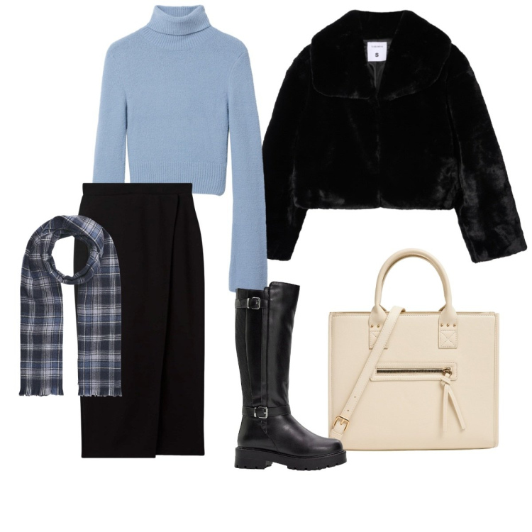 Outfit donna - Giornata in ufficio. Stile Casual chic per Tutti i giorni. Abbinamento con stivali, gonne longuette, maglieria, sciarpe, ecopellicce, shopping bag.