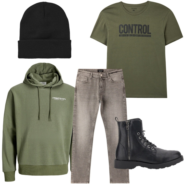 Outfit uomo - Trend inconfondibile. Stile Trendy per Tutti i giorni. Abbinamento con felpe con cappuccio, t-shirt, jeans, berretti, anfibi.