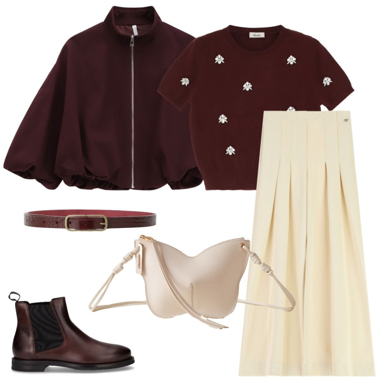 Outfit donna - Total look #2282526. Stile Casual chic per Tutti i giorni. Abbinamento con bomber, borse a tracolla, pantaloni a palazzo, maglieria, cinture, stivaletti chelsea.