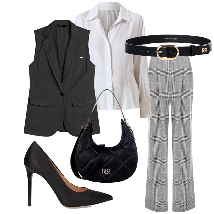Outfit donna - Black Friday Chic. Stile Chic per Ufficio. Abbinamento con pantaloni, borse a tracolla, camicie, cinture, gilet, décolleté.