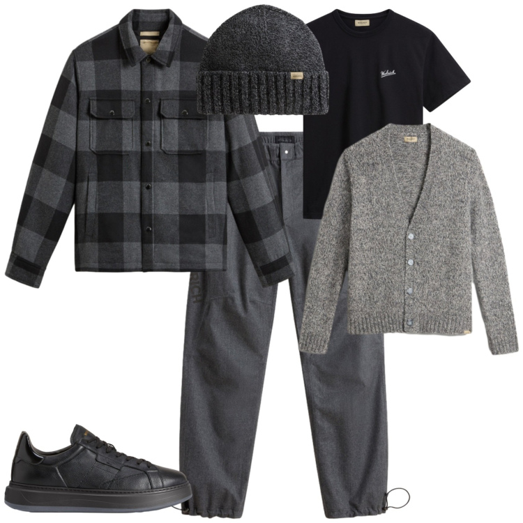 Outfit uomo - Total look #2282530. Stile Urban per Tutti i giorni. Abbinamento con pantaloni, cardigans, sneakers, t-shirt, cappotti, berretti.